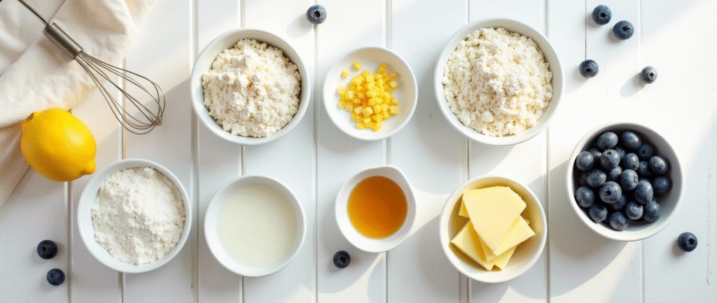 Ingredients Flat Lay for Lemon Blueberry Cloud Muffins